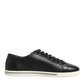Black Leather Lace Up Low Top Sneakers Shoes