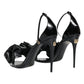 Black Leather Ankle Strap Heel Sandals Shoes