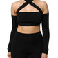 Black Viscose Halter Off Shoulder Cropped Top