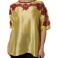 Yellow Silk Satin Floral Lace Short Sleeves Top