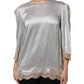 Gray Silk Satin Floral Lace Long Sleeve Top