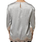 Gray Silk Satin Floral Lace Long Sleeve Top