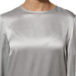 Gray Silk Satin Floral Lace Long Sleeve Top