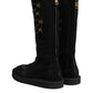 Black Alpaca Wool Suede Mid Calf Boots Shoes