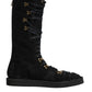 Black Alpaca Wool Suede Mid Calf Boots Shoes