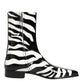 Black White Zebra Leather Mid Calf Boots Shoes