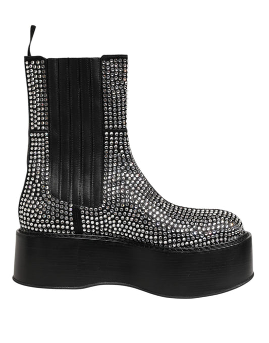 Black Crystal Strass Mid Calf Short Boots  Shoes