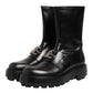 Black Logo Plaque Mid Calf Biker Boots Shoes