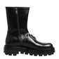 Black Logo Plaque Mid Calf Biker Boots Shoes
