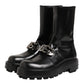 Black Logo Plaque Mid Calf Biker Boots Shoes