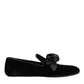 Black Suede Cotton Rose Slip On Loafers Shoes