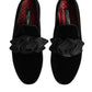 Black Suede Cotton Rose Slip On Loafers Shoes