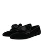 Black Suede Cotton Rose Slip On Loafers Shoes