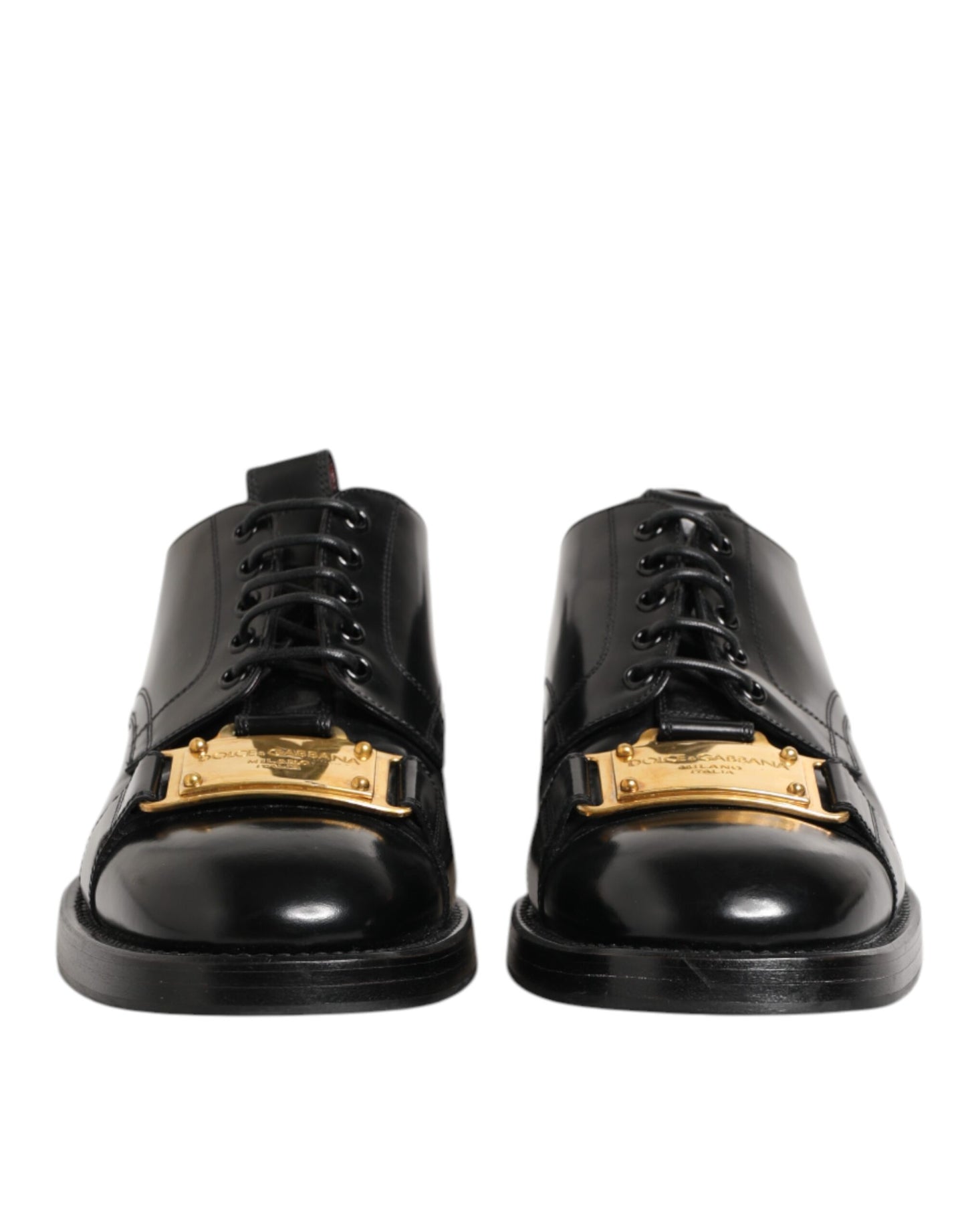 Black Leather Dress Lace Up Logo Plaque Shoes