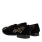 Black Velvet Embroidery Formal Loafers Shoes