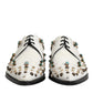 White Leather Crystals Embellished Derby Shoes