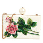 White Rose Embroidery Silk Gold Frame Clutch Purse Bag