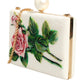 White Rose Embroidery Silk Gold Frame Clutch Purse Bag