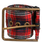 Red Plaid Fabric Logo Plate Brass Buckle Belt