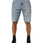 Blue Cotton Distressed Denim Bermuda  Shorts