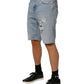 Blue Cotton Distressed Denim Bermuda  Shorts
