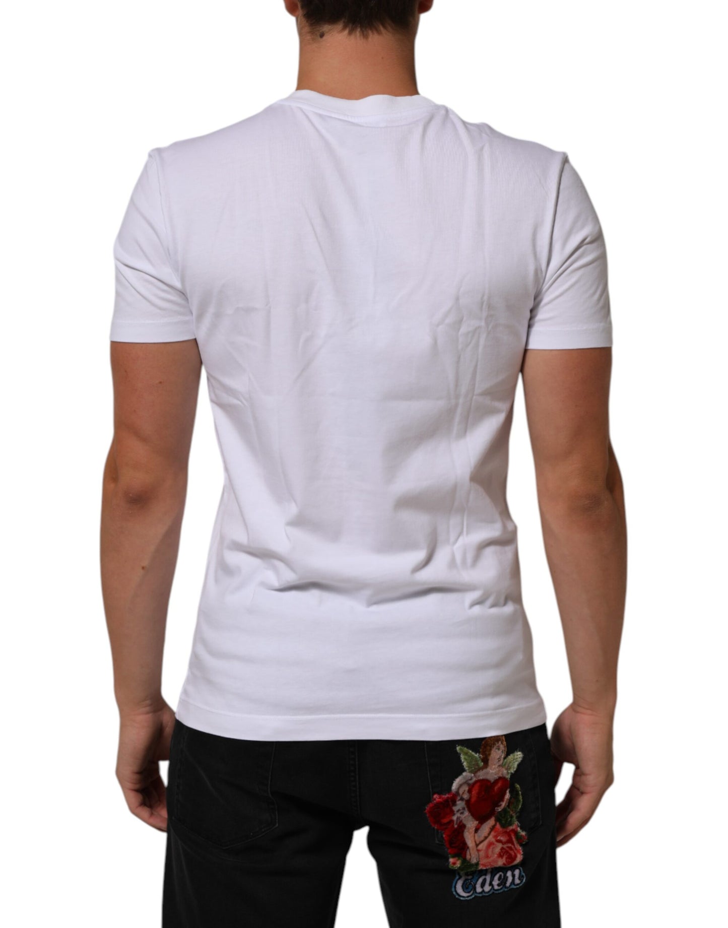 White Cotton Logo Print Crew Neck Men T-shirt