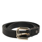 Black Leather Slim Gold Tone Buckle Waist Men Belt