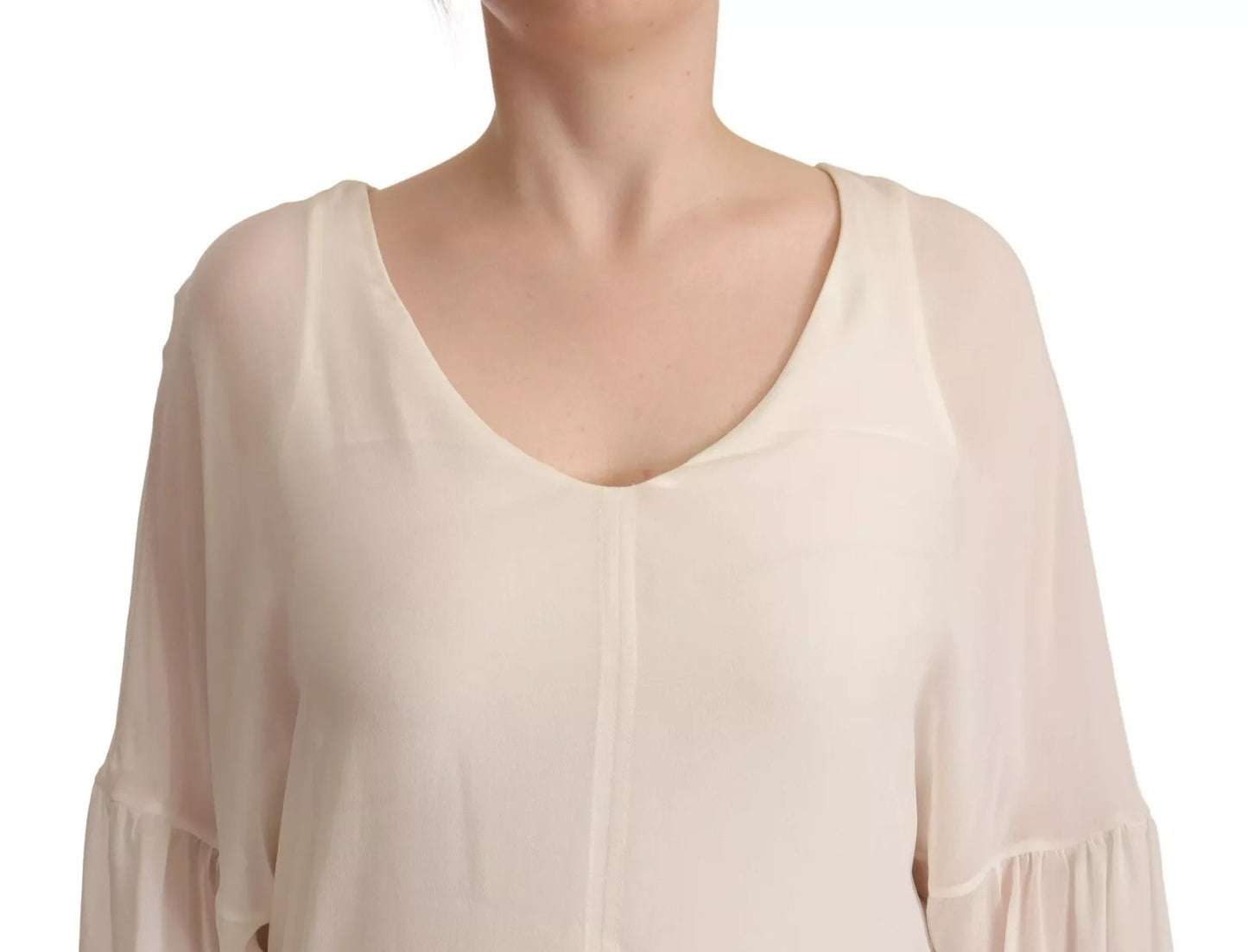 Off White Silk Long Sleeves Deep Vneck Top