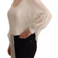 Off White Silk Long Sleeves Deep Vneck Top