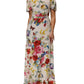 White Floral Print Silk Sheath LongGown Dress