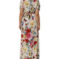 White Floral Print Silk Sheath LongGown Dress