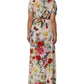 White Floral Print Silk Sheath LongGown Dress
