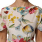 White Floral Print Silk Sheath LongGown Dress