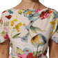 White Floral Print Silk Sheath LongGown Dress