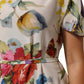White Floral Print Silk Sheath LongGown Dress