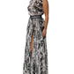 Black White Monogram Pleated Long Gown Dress
