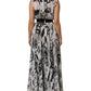 Black White Monogram Pleated Long Gown Dress