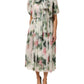 White Floral Print Silk Pleated Midi Dress