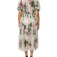 White Floral Print Silk Pleated Midi Dress