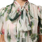 White Floral Print Silk Pleated Midi Dress