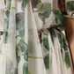 White Floral Print Silk Pleated Midi Dress
