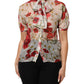 White Floral Tie-Neck Poppy Print Blouse Top