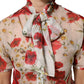 White Floral Tie-Neck Poppy Print Blouse Top