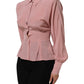 Pink Silk Collared Long Sleeves Blouse Top
