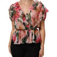 Pink Camellias Printed Silk V-neck Blouse Top