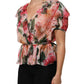 Pink Camellias Printed Silk V-neck Blouse Top