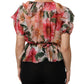 Pink Camellias Printed Silk V-neck Blouse Top