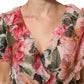 Pink Camellias Printed Silk V-neck Blouse Top