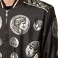Black "Monete" Coin Print Silk Bomber Jacket