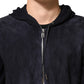 Black Leather Full Zip Hooded Blouson Jacket